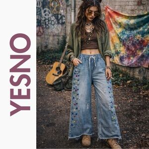 YESNO Women Boho Hippie Embroidered Wide Leg Jeans, 100% Cotton, Size L